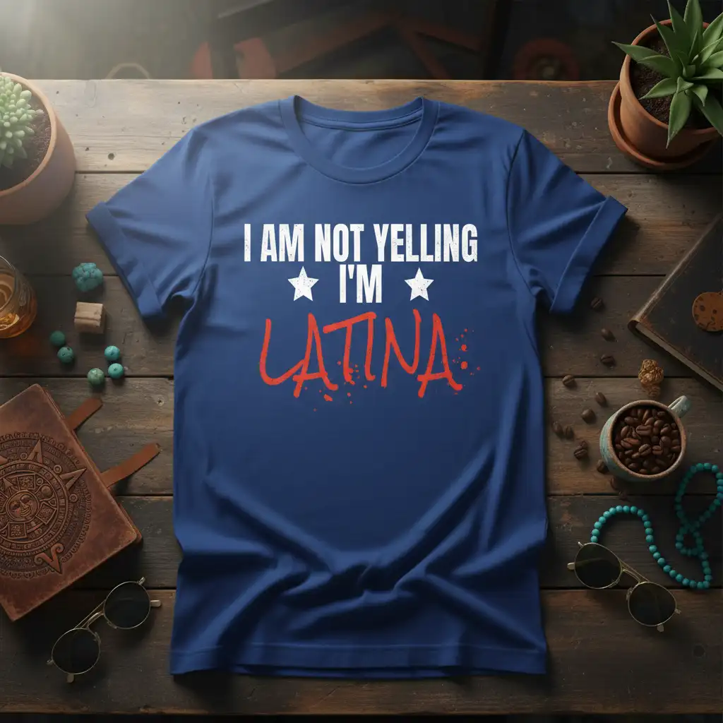 I AM NOT YELLING I'M LATINA quote on a navy blue t-shirt with white and red text and stars