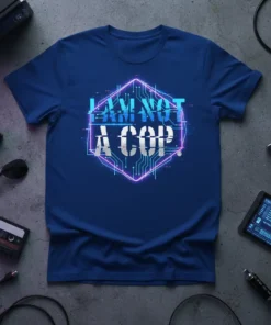 Blue t-shirt with "I AM NOT A COP." text in a glitchy, hexagonal cyberpunk design with neon circuit lines