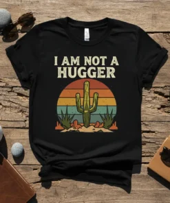 I Am Not A Hugger t-shirt with a green cactus and retro desert sunset graphic