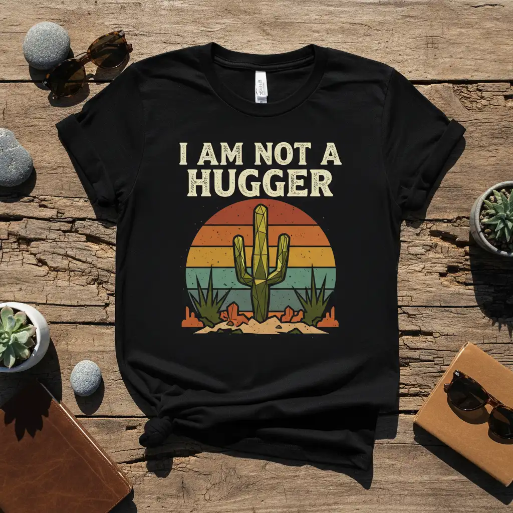 I Am Not A Hugger quote t-shirt with retro desert sunset and cactus graphic
