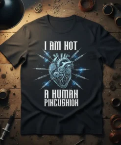 I AM NOT A HUMAN PINCUSHION text with a steampunk heart and syringes graphic on a black t-shirt