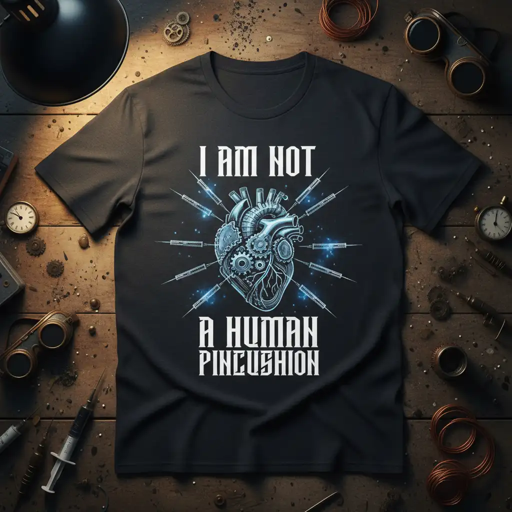 I AM NOT A HUMAN PINCUSHION quote with mechanical heart and medical syringes design on a black tee