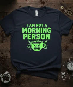 I am not a morning person t-shirt with a grumpy green coffee cup graphic and zzz symbols