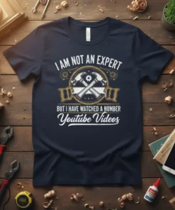 Navy blue t-shirt with "I Am Not An Expert But I Have Watched A Number Youtube Videos" text and crossed