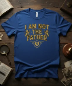 Blue t-shirt with gold text "I AM NOT THE FATHER" and a broken shield emblem with lions on the sides