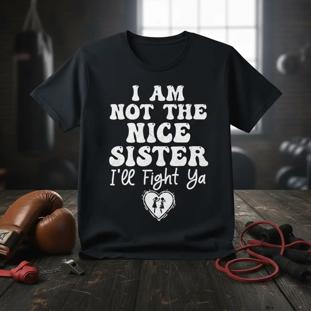 I Am Not The Nice Sister I'll Fight Ya quote tee featuring bold typography and heart graphic