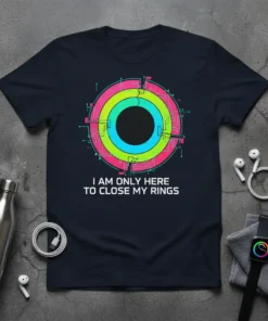 I AM ONLY HERE TO CLOSE MY RINGS quote on a dark t-shirt with a colorful activity ring graphic