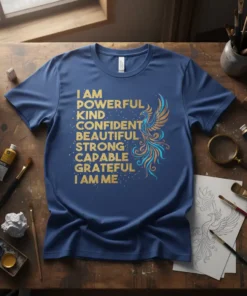 Inspirational t-shirt featuring the quote "I AM POWERFUL KIND CONFIDENT BEAUTIFUL STRONG CAPABLE GRATEFUL I AM ME" in gold glitter