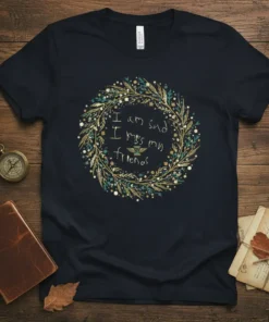 T-shirt with "I am sad I miss my friends" quote inside a decorative floral wreath