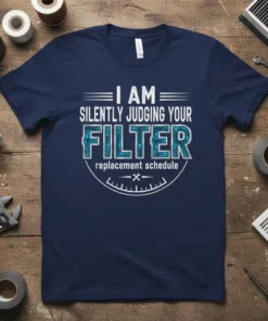 Navy t-shirt with white text "I AM SILENTLY JUDGING YOUR FILTER replacement schedule" in a humorous design for mechanics
