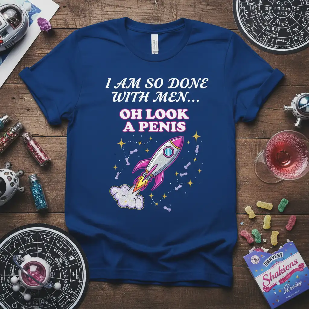 I AM SO DONE WITH MEN OH LOOK A PENIS humorous quote and rocket graphic on blue t-shirt