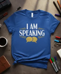 Blue t-shirt with white and gold text "I AM SPEAKING" and gold speech bubble graphics