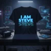 Black t-shirt with "I AM STEVE STEVE" in bright blue neon text and circuit board design