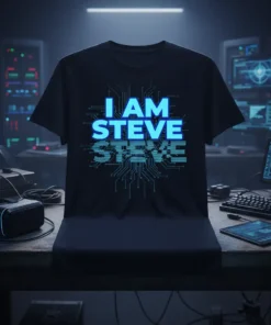Black t-shirt with "I AM STEVE STEVE" in bright blue neon text and circuit board design