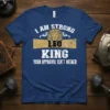 I AM STRONG LEO KING YOUR APPROVAL ISN'T NEEDED text with a lion graphic on a blue t-shirt