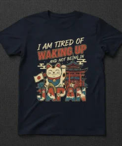 T-shirt with "I Am Tired Of Waking Up And Not Being In Japan" text, Maneki Neko cat holding a Japanese