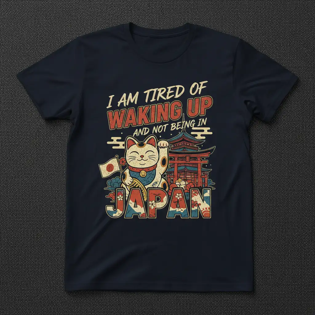 I Am Tired Of Waking Up And Not Being In Japan quote on a t-shirt with Maneki Neko and Japanese temple