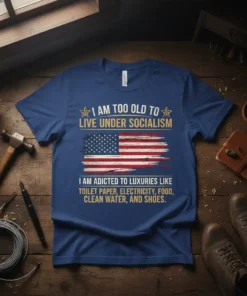 T-shirt with text "I Am Too Old To Live Under Socialism" and "I Am Addicted To Luxuries Like Toilet Paper