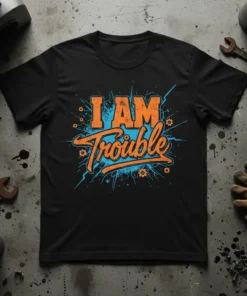 I AM Trouble text design in orange and blue on a black t-shirt, with a distressed splatter background