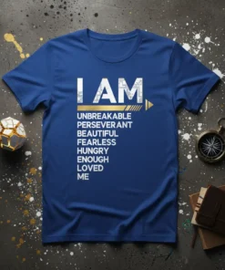 Blue t-shirt with white text listing "I AM UNBREAKABLE PERSEVERANT BEAUTIFUL FEARLESS HUNGRY ENOUGH LOVED ME" affirmations