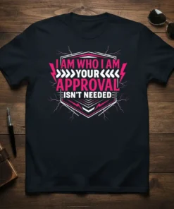 Bold pink and white text on a black t-shirt: "I AM WHO I AM YOUR APPROVAL ISN'T NEEDED" with lightning