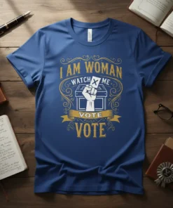 I Am Woman Watch Me Vote VOTE t-shirt design with gold vintage borders and a fist holding a ballot paper