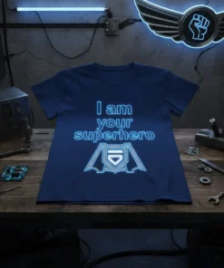 Blue t-shirt with glowing neon text "I am your superhero" and a shield emblem, graphic design for heroes