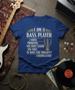 I Am A Bass Player quote t-shirt with graphic of a bass guitar neck and sound waves, white and gold