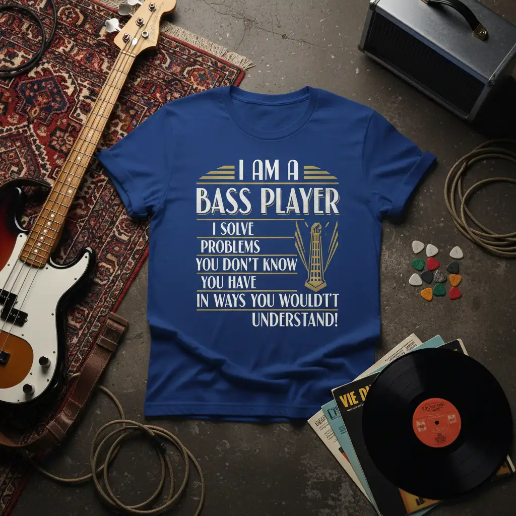 I Am A Bass Player quote t-shirt design featuring musical problem-solving text and graphic