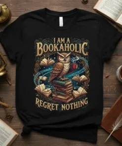 I Am A Bookaholic Regret Nothing t-shirt with an owl holding coffee sitting on books