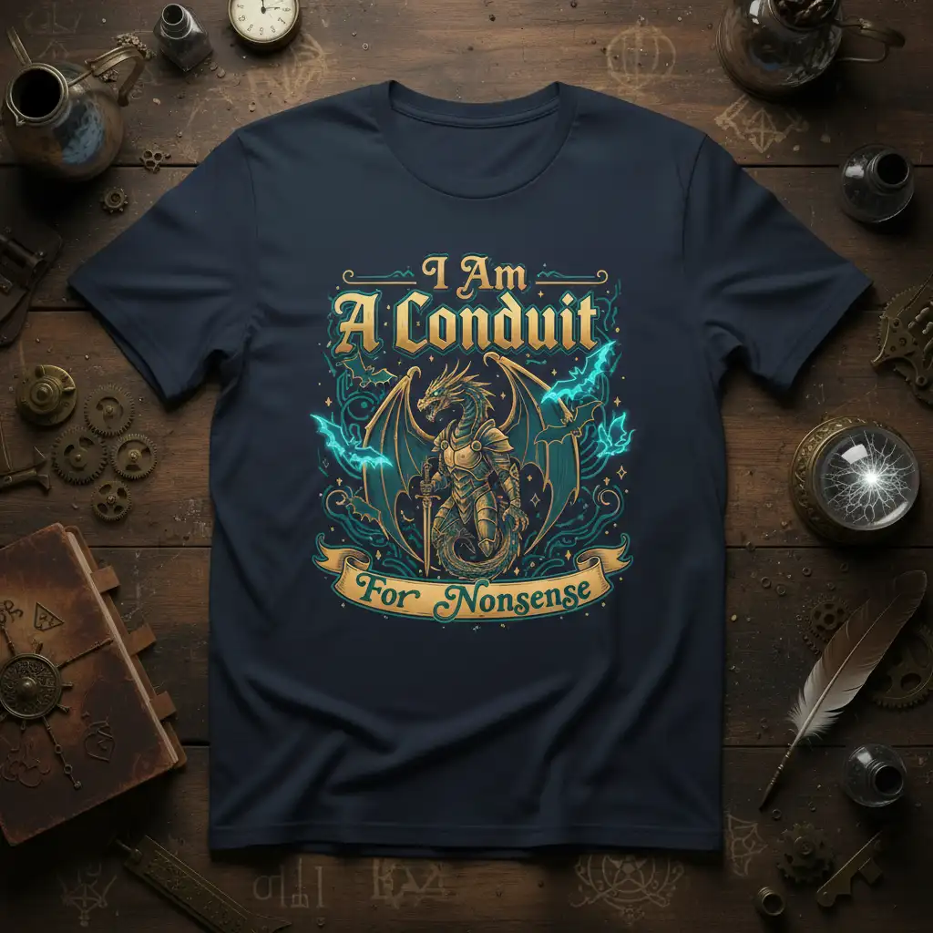 I Am A Conduit For Nonsense quote on a dark t-shirt with a detailed armored dragon graphic and teal lightning