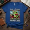 Frog knight holding a sword with the text "I am a conduit FOR NONSENSE" on a blue t-shirt