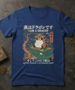 I AM A DRAGON and this dumpster is my mountain of gold t-shirt design with a raccoon sitting in a