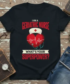 I Am A Geriatric Nurse What's Your Superpower t-shirt design featuring a heart with a stethoscope and a nurse's cap