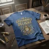 T-shirt with "I Am A Goddamned Delight" text and a crowned lion graphic in gold and blue
