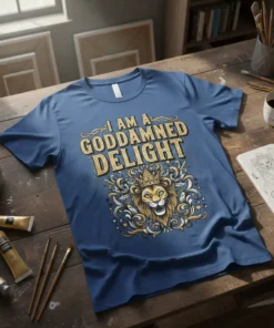 T-shirt with "I Am A Goddamned Delight" text and a crowned lion graphic in gold and blue
