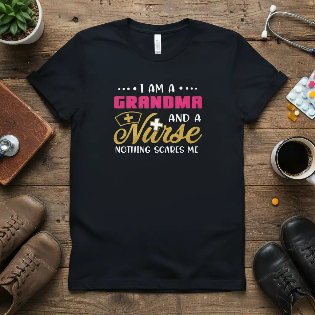 I Am A Grandma And A Nurse Nothing Scares Me quote tee featuring bold pink and gold typography and a medical cross