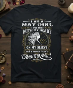 Black t-shirt with white text: "I AM A MAY GIRL i was born WITH MY HEART ON MY SLEEVE and