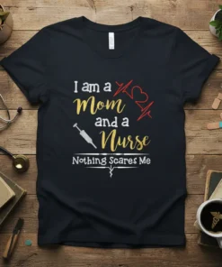I am a Mom and a Nurse Nothing Scares Me quote with stethoscope and heart graphic on a black t-shirt