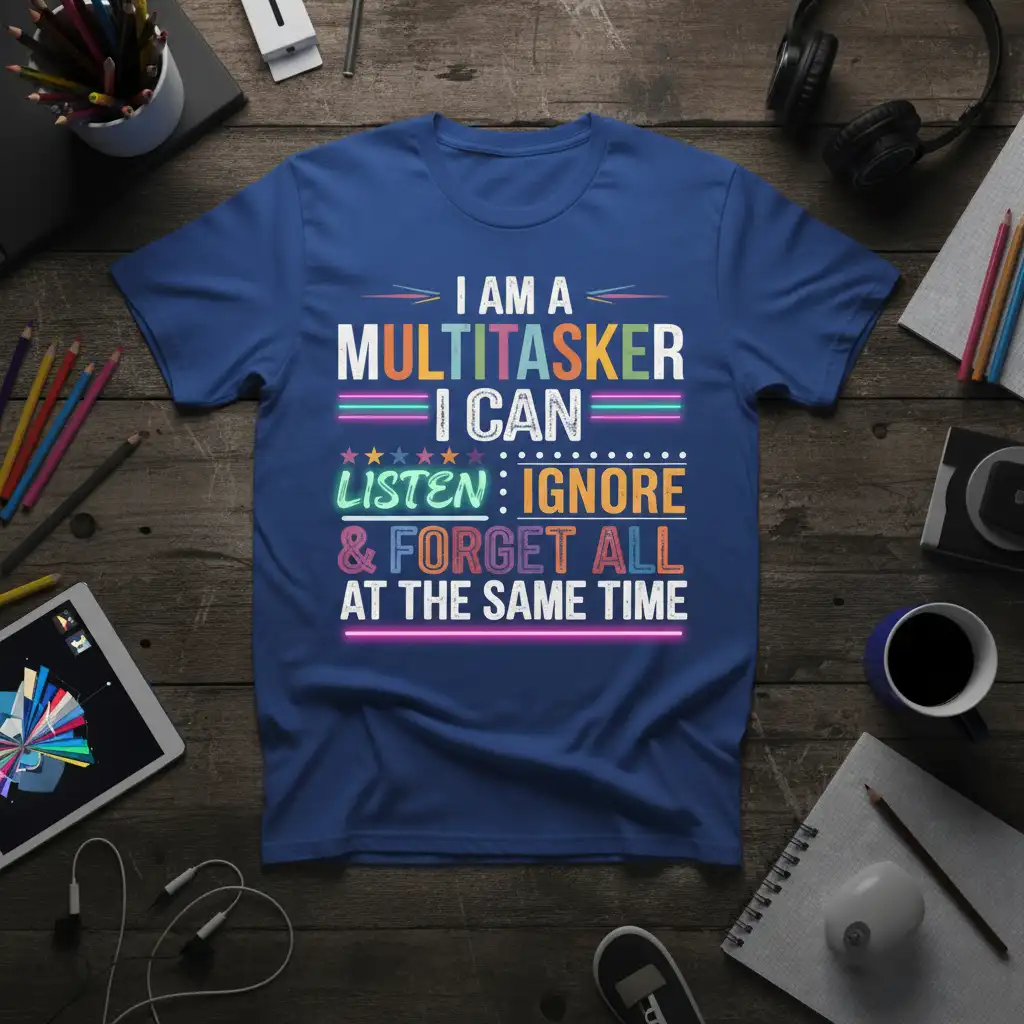 I Am A Multitasker I Can Listen Ignore & Forget All At The Same Time quote t-shirt design in neon-style lettering