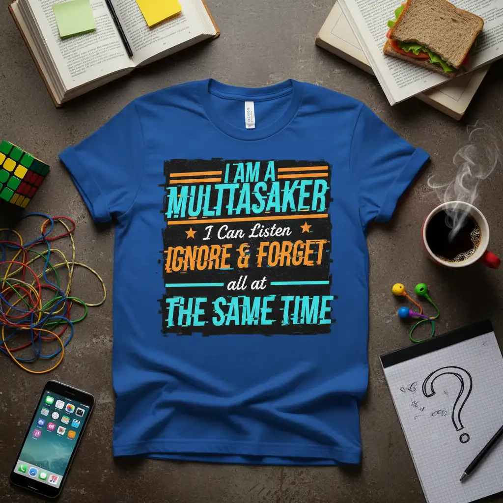 T-shirt with the humorous quote "I AM A MULTITASAKER I Can Listen IGNORE & FORGET all at THE SAME TIME"