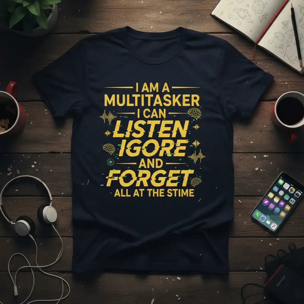 I Am A Multitasker I Can Listen Ignore And Forget All At The Stime quote on a navy t-shirt with