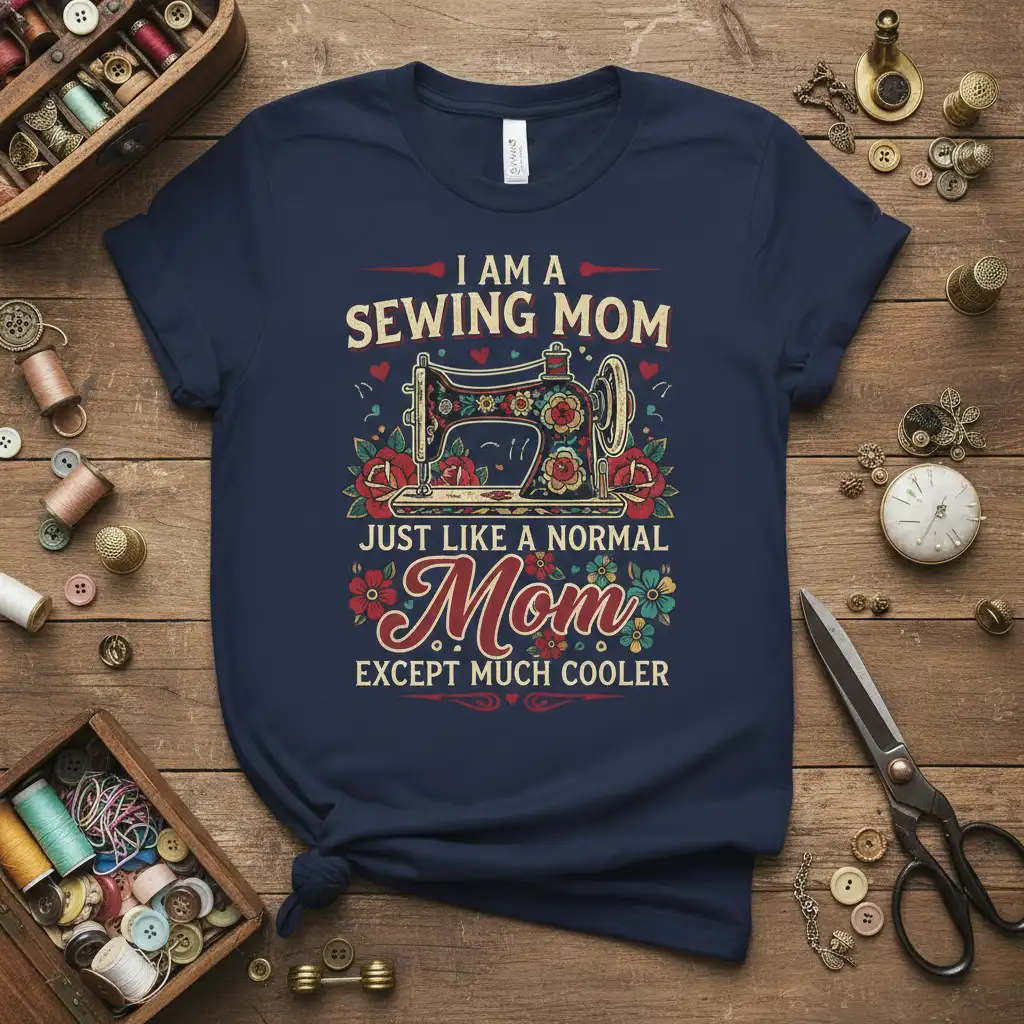 I Am A Sewing Mom Just Like A Normal Mom Except Much Cooler quote with sewing machine graphic and floral details on