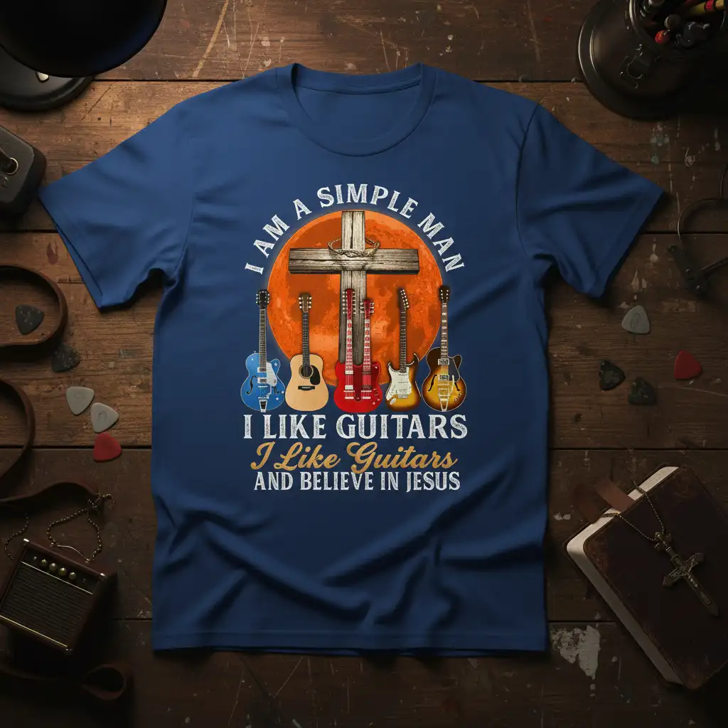 I Am A Simple Man I Like Guitars And Believe In Jesus quote with cross and guitars graphic on a t-shirt