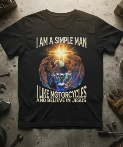 I Am A Simple Man I Like Motorcycles And Believe In Jesus quote on a black t-shirt with an eagle