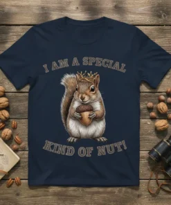 Squirrel wearing a crown holding an acorn with text "I Am A Special Kind Of Nut!" on a navy t-shirt