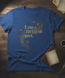 I am a tortured poet quote t-shirt with gothic roses and feathers design in gold
