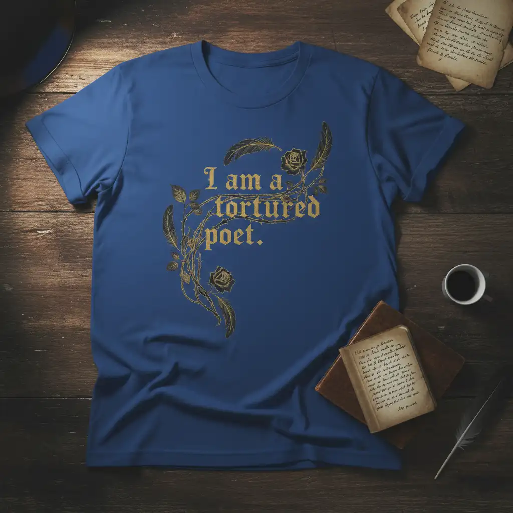 I am a tortured poet quote in gothic gold font with roses and feathers design