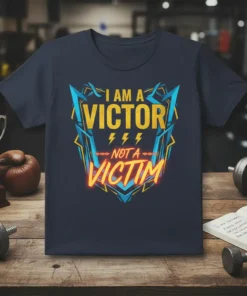 I Am A Victor Not A Victim quote t-shirt with bold yellow and blue graphic design, featuring lightning bolt accents