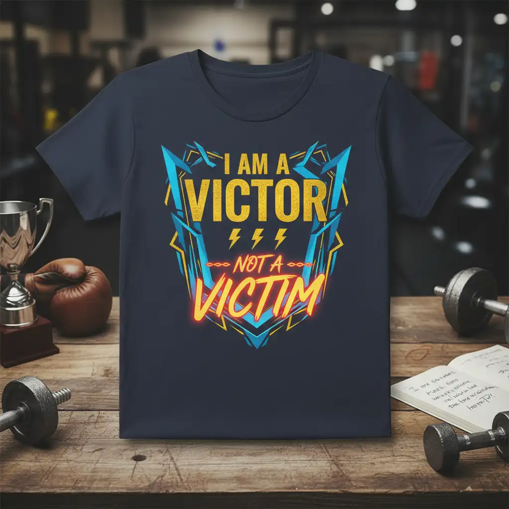 I Am A Victor Not A Victim quote design with bold typography and abstract geometric accents on a dark t-shirt